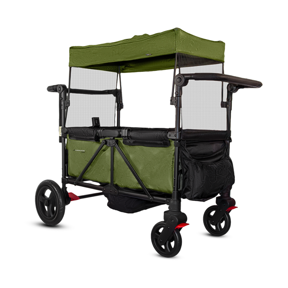 Green and black wagon with canopy on a white background